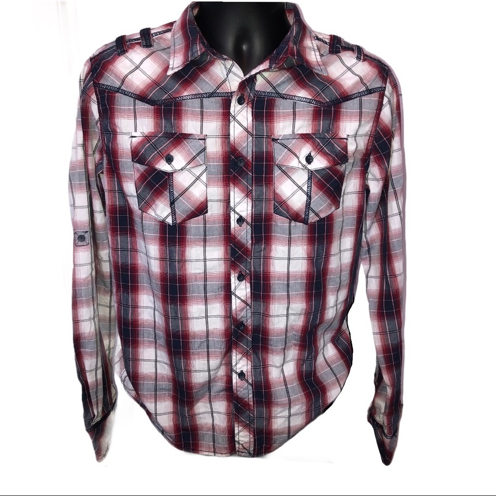 Carbon Plaid Red White Button Down Shirt Fall Country